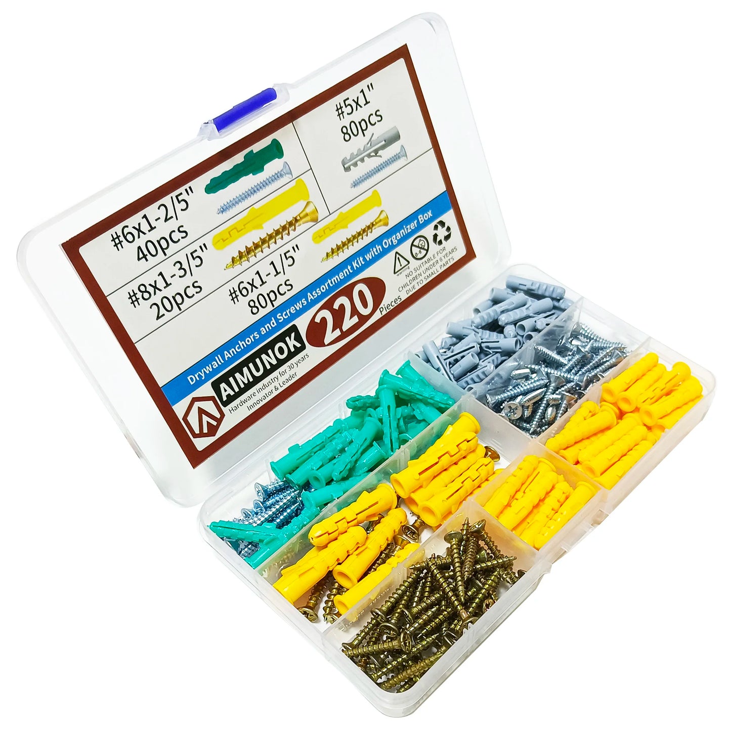 220pcs Drywall Anchors and Screws Assortment kit with Organizer Box Fasteners Tools #8x1-3/5'' #8x1-3/5'' #5x1''cessories