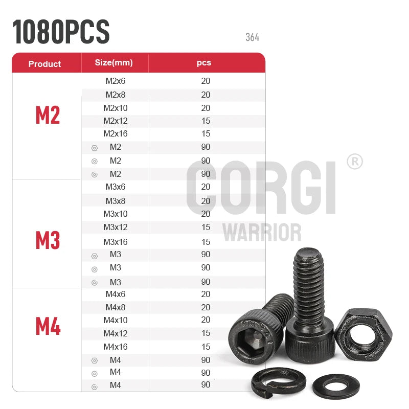 Hex Socket Head Cap Screws Kit M2 M2.5 M3 M4 M5 M6 M8 M10 up to 1140 DIN912 Black 12.9 Grade Carbon Steel Bolts Nuts Assortment