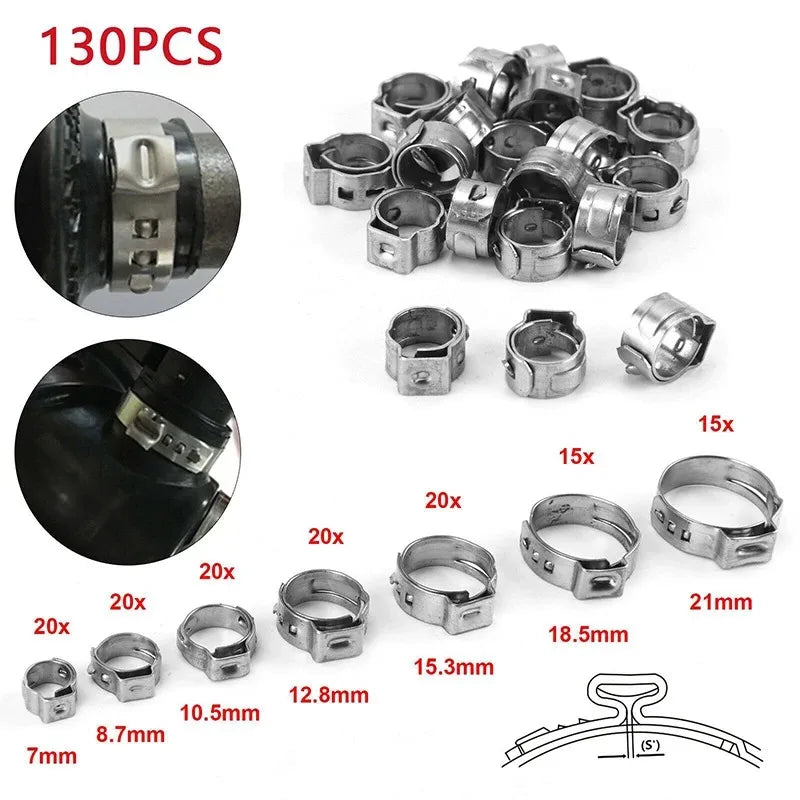 130/80pcs Single Ear Stepless Hose Clamps With a Hose Clip Clamp Pliers 7-21mm Stainless Steel Fuel Hose Clamps Cinch Clamp Ring