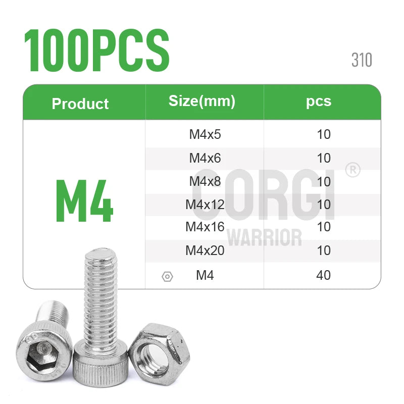 M2 M2.5 M3 M4 M5 M6 Hex Socket Head Cap Set Allen Screw Kit 126-1080P DIN912 304 Stainless Steel Screw Nut Bolt Assortment Set