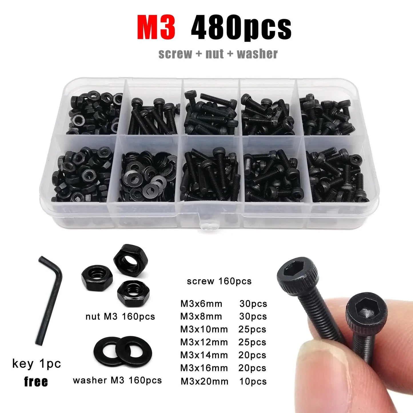 Coffret d'assortiment de vis à tête cylindrique à six pans creux M2 M2.5 M3 M4 M5 M6, écrous, rondelles, DIN912, acier noir de grade 12.9 