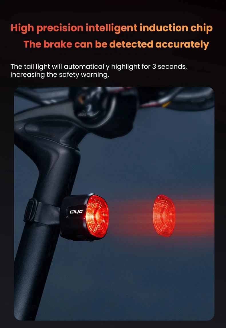 GIYO Intelligentes Fahrradbremsrücklicht IP66 Wasserdicht 6 Leuchtmodi Hohe Helligkeit Fahrradrücklicht LED-Rücklicht USB-Aufladung 