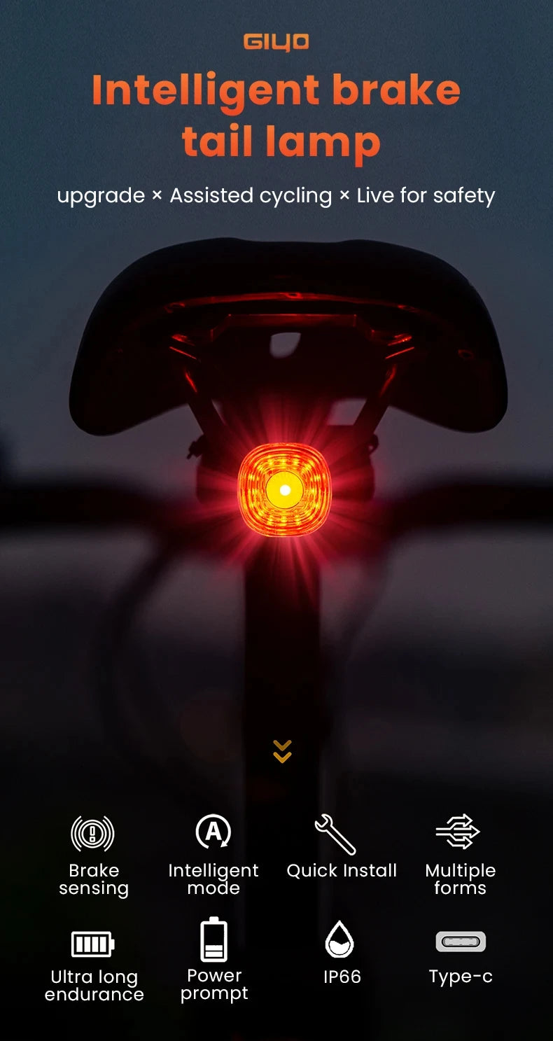 GIYO Intelligentes Fahrradbremsrücklicht IP66 Wasserdicht 6 Leuchtmodi Hohe Helligkeit Fahrradrücklicht LED-Rücklicht USB-Aufladung 