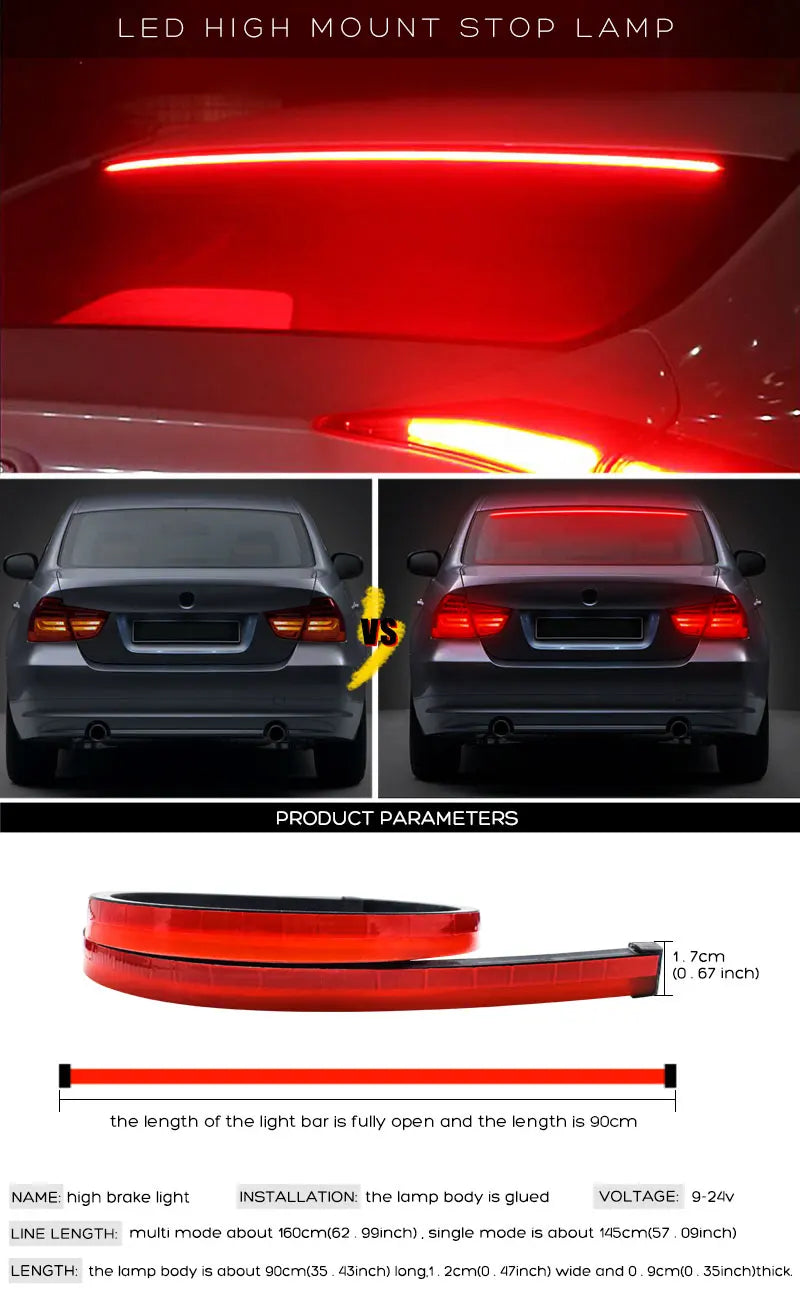 Feux de freinage et d'arrêt à montage élevé pour voiture, accessoires de style automobile, feux de freinage supplémentaires, clignotants, bandes LED étanches, 90 cm 