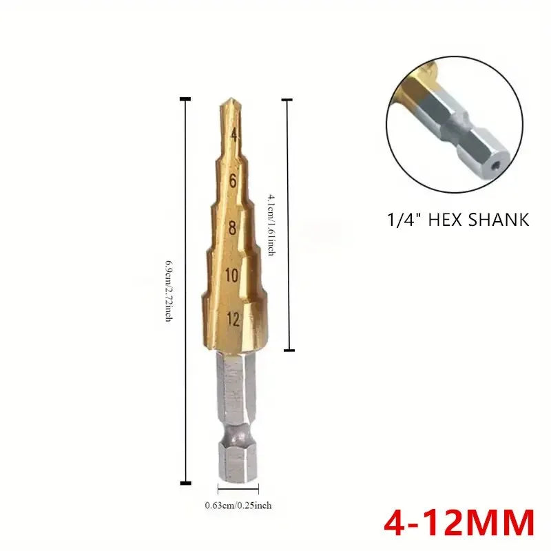 3-12mm/4-12mm/4-20mm Hss Step Drill Bit, Straight Groove DrillTitanium Coated Metal Driller, Drilling Tools Set