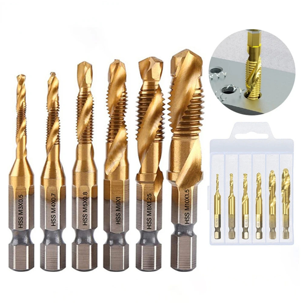 Hotselling Titanium Plated Hex Shank HSS Screw Thread Metric Tap Drill Bits Screw Machine Compound M3 M4 M5 M6 M8 M10 Hand Tools