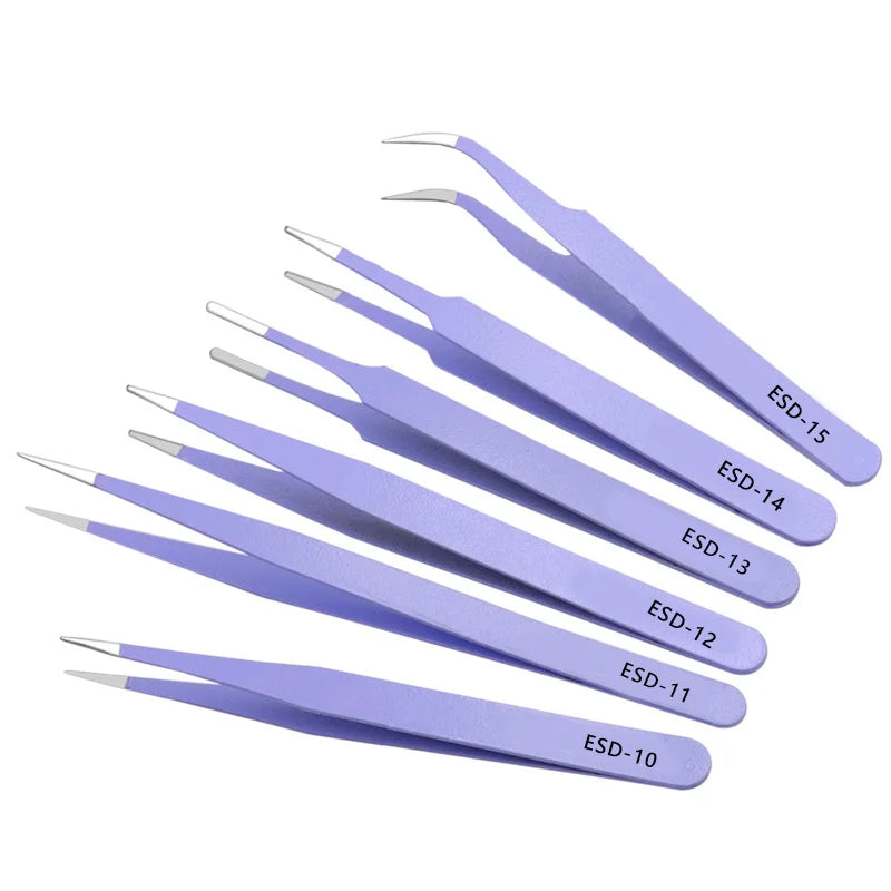 6PCs ESD Anti-Static Stainless Steel Tweezers Precision Maintenance Industrial Repair Curved Tool Home Working Model Making Hand