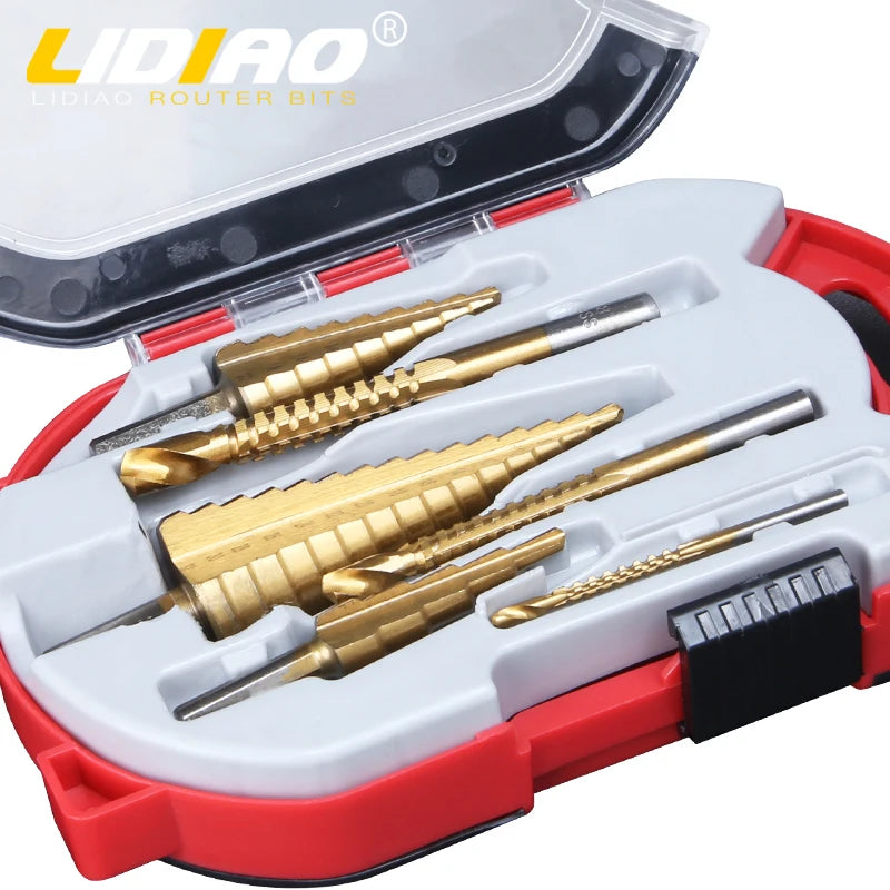 LIDIAO 6 Pcs Step Drill Bit Kit HHS M35 Cobalt-Containing Titanium Coating Metal Wood Hole Saw Drill Bit Hole Carbide Core Drill