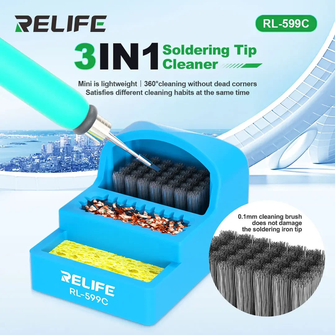 3in1 Soldering Tip Cleaner RELIFE RL-599C Heat Resistance Cleaning Steel Brush Copper Wire Ball Sponge Integrated Cleaning Tool