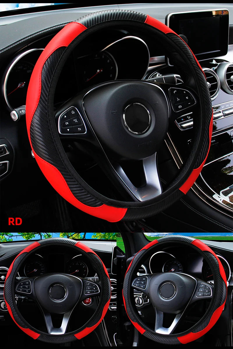 Car Steering Wheel Cover Breathable Anti Slip PU Leather Steering Covers Suitable 37-38.5cm Auto Decoration Carbon Fiber