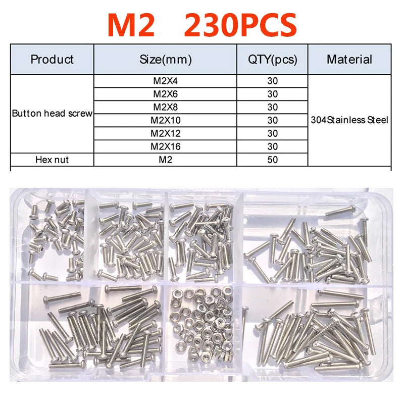 120-434Pcs 304 Stainless Steel Hex Button Socket Head Cap Screw Hexagon Thread Machine Metric Nut Bolt Assortment Kit Set M2~M6