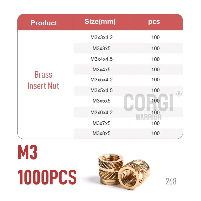 Brass Female Thread Knurled Inserts Nuts Kit M2/M2.5/M3/M4/M5/M6/M8 65-1080 3D Printing Hot Melt Threaded Embedment Insert Nut