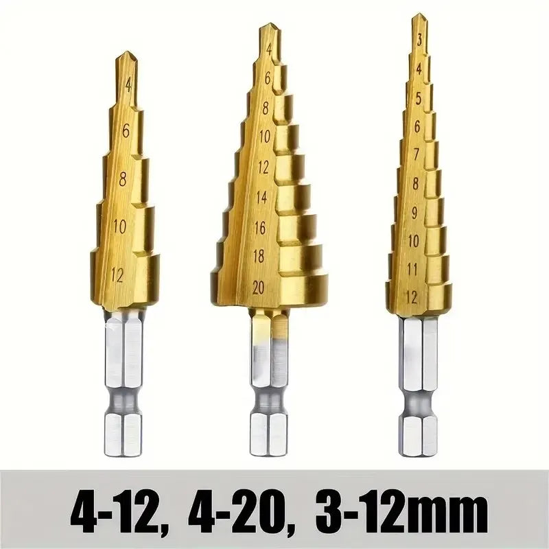 3-12mm/4-12mm/4-20mm Hss Step Drill Bit, Straight Groove DrillTitanium Coated Metal Driller, Drilling Tools Set