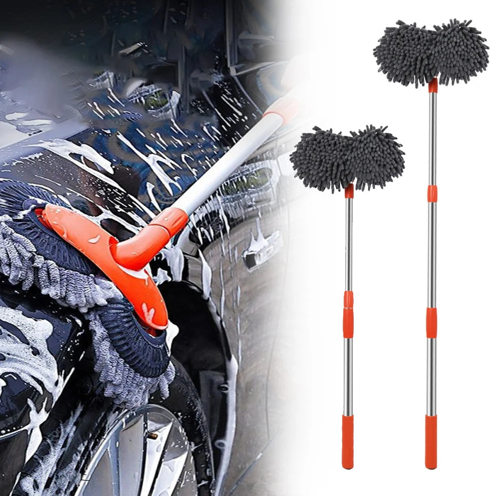 Rotating Double Brush Head Car Wash Mop Auto Supplies Three-Section Telescopic Mop Roof Window Cleaning Maintenance Accessories