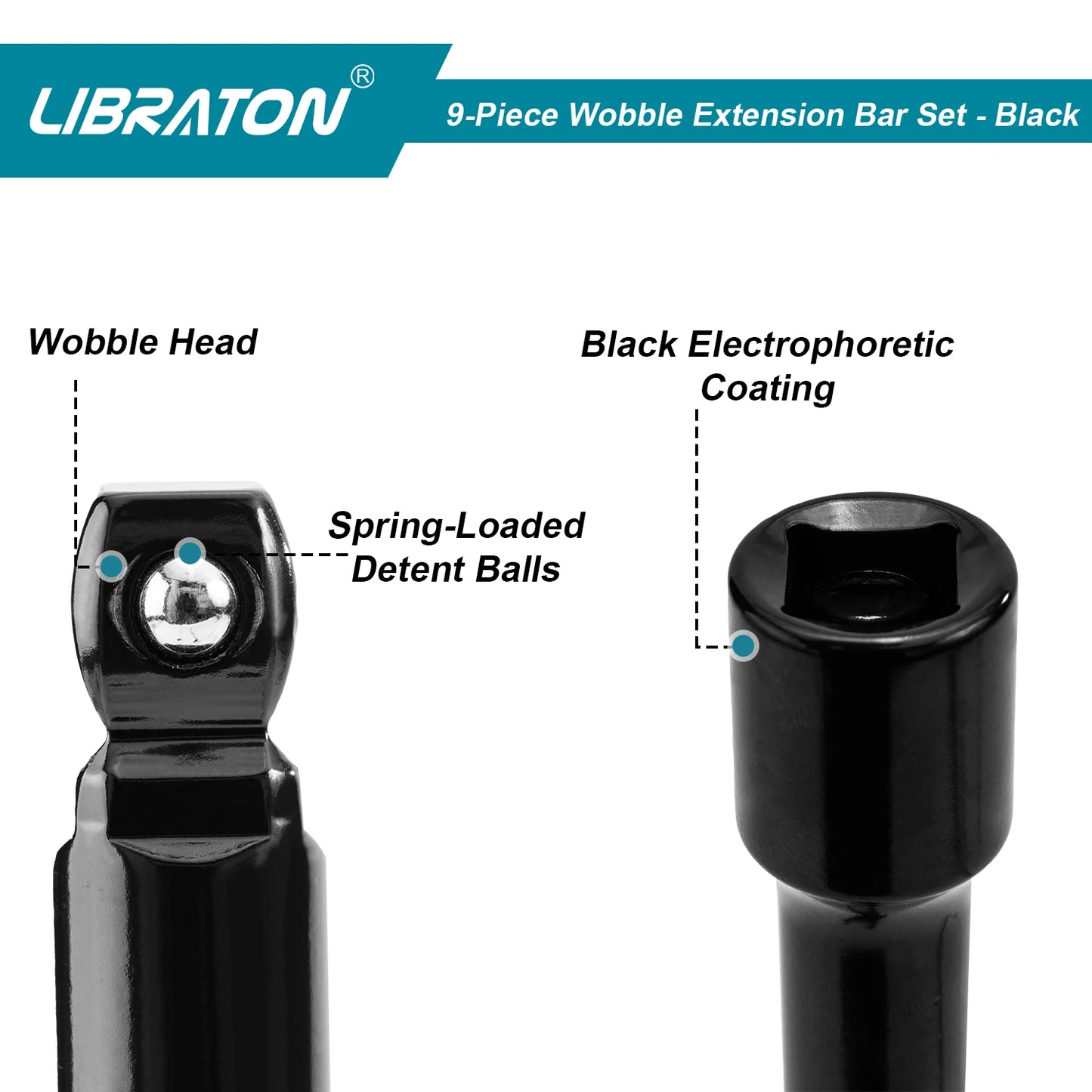 Libraton 9Pcs Wobble Socket Extensions Set, Ratchet Extensions 1/4" 3/8" 1/2", Wobble Extensions, Drive Socket Extension