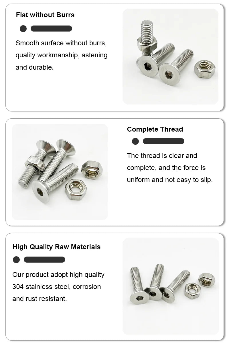 Allen Key Head Screw M2 M2.5 M3 M4 M5 M6 DIN7991 Stainless Steel 304 Hexagon Hex Socket Flat Countersunk Head Screw and Nut Set