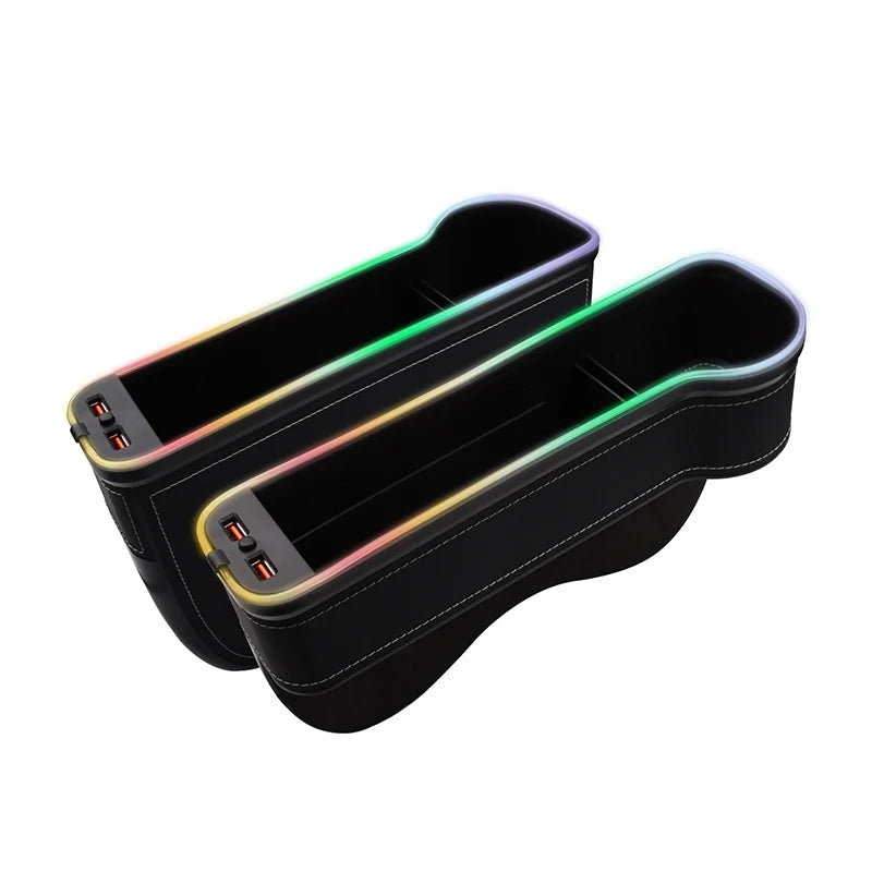 Porte-gobelet de remplissage d'espace de siège de voiture 7 couleurs changeantes LED boîte de rangement de fente de voiture avec chargeur 2 USB accessoires de voiture 