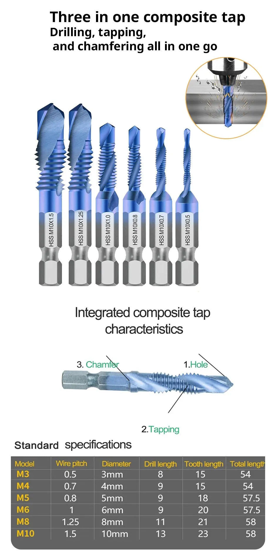 6pcs M3M10 Screw Tap Drill Bits Hss Tap Counter Sink Deburr Metric High Speed Steel 1/4 IN Quick Change Hex Tool For Woodworking