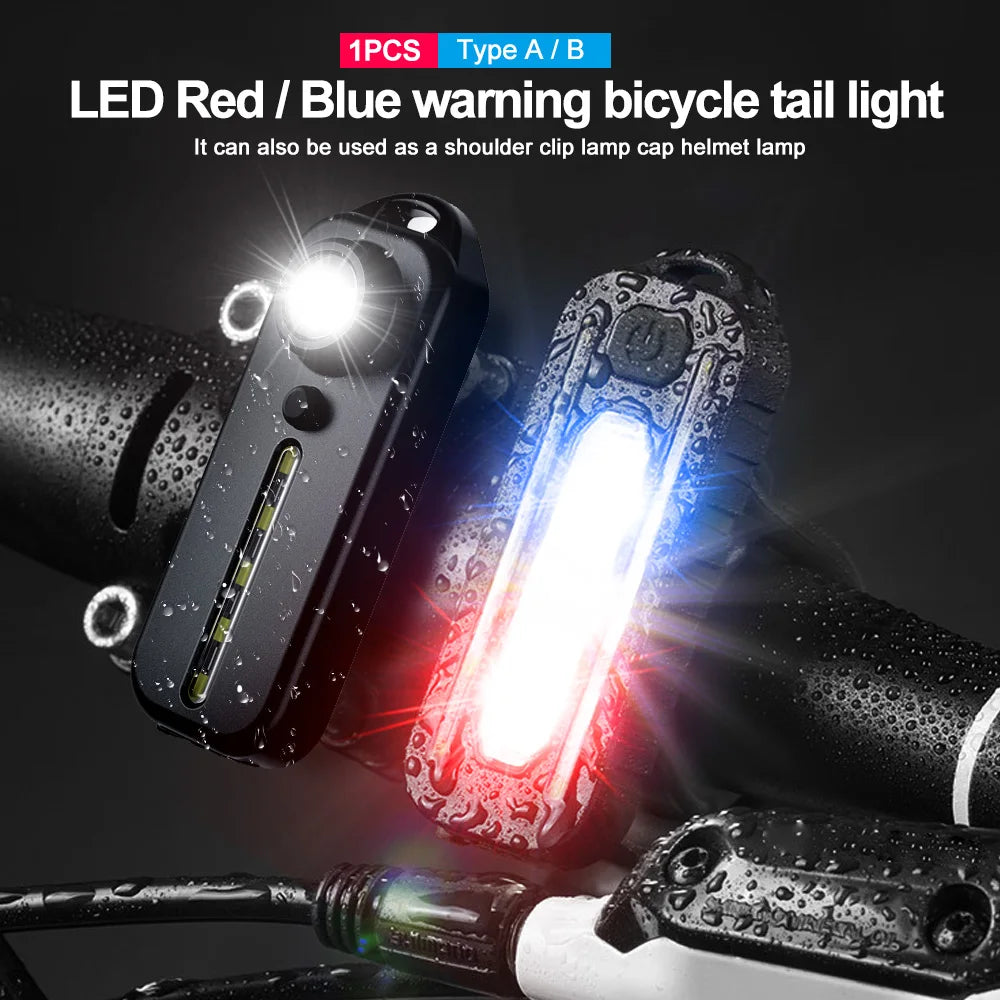 Feu arrière de vélo à LED rouge et bleu avec clip, éclairage d'urgence pour police, rechargeable par USB, clignotant, lampe torche de sécurité 