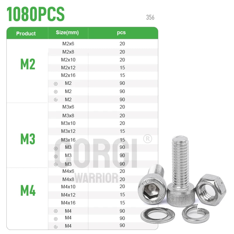 M2 M2.5 M3 M4 M5 M6 Hex Socket Head Cap Set Allen Screw Kit 126-1080P DIN912 304 Stainless Steel Screw Nut Bolt Assortment Set