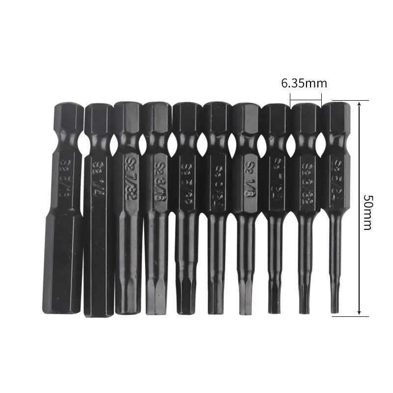 10pcs Hexagonal Bit Set Multi Standard Wear Resistant and Durable Imperial Size Hexagonal Bit S2 Alloy Steel Screwdriver Bit