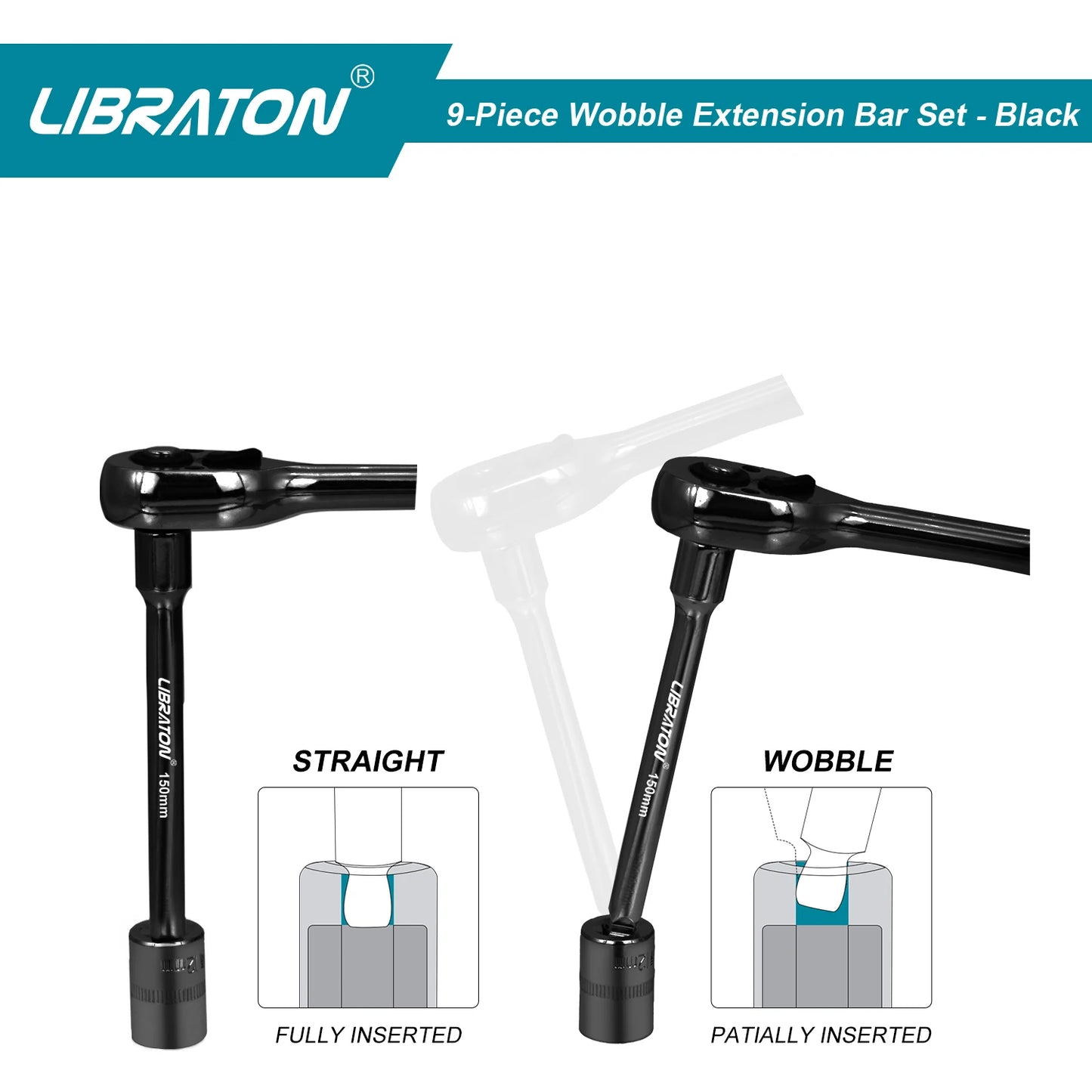 Libraton 9Pcs Wobble Socket Extensions Set, Ratchet Extensions 1/4" 3/8" 1/2", Wobble Extensions, Drive Socket Extension