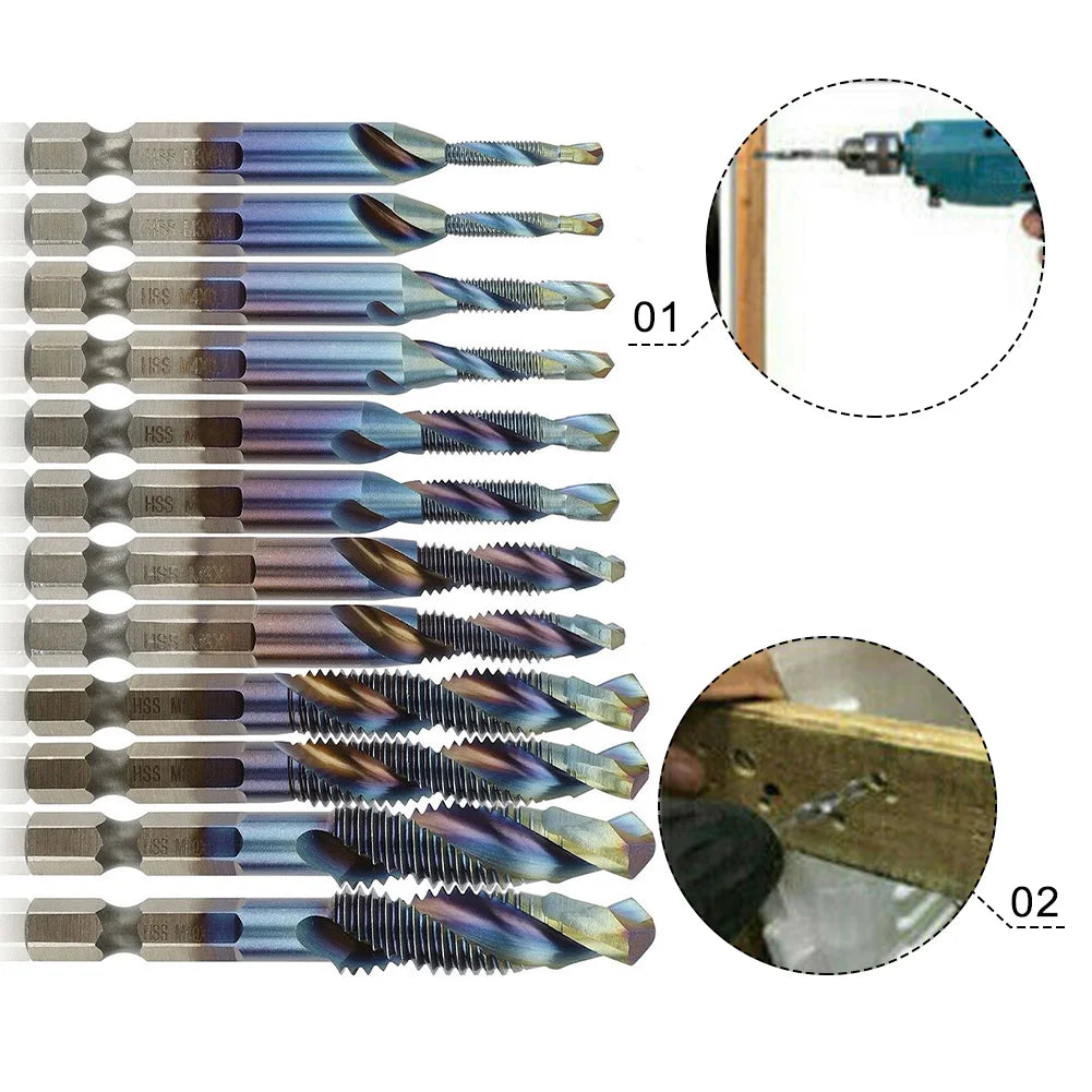 12Pcs HSS 1/4" Hex Shank Titanium Coated Screw Thread Metric Tap Drill Bits Set M5 M6 M8 M10 Combination Bit Hand Tools