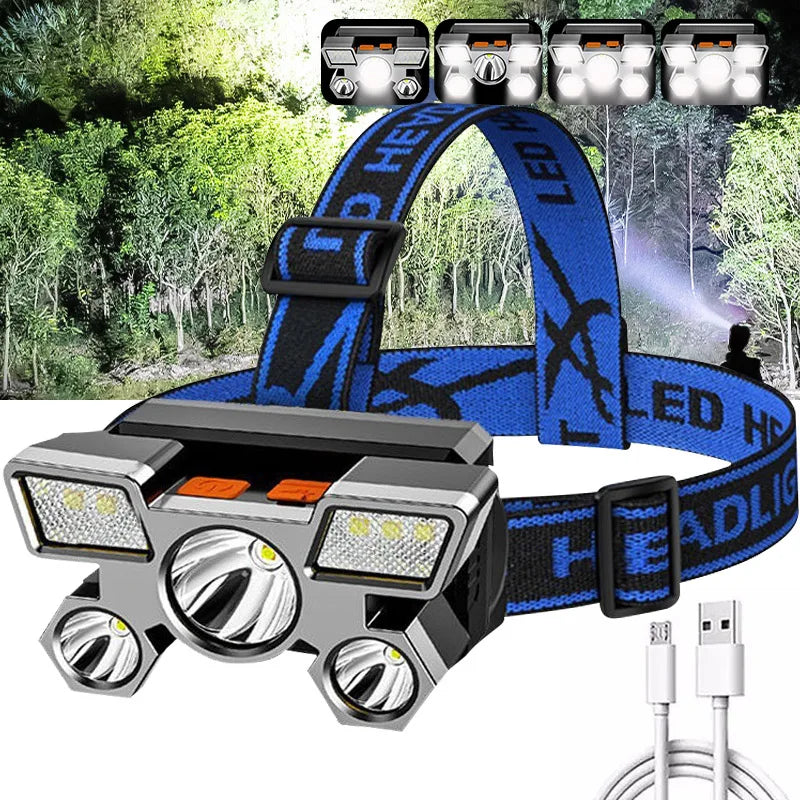 USB Rechargeable Headlamp Portable 5LED Headlight Built In Battery Torch Portable Working Light Fishing Camping Head Light For T