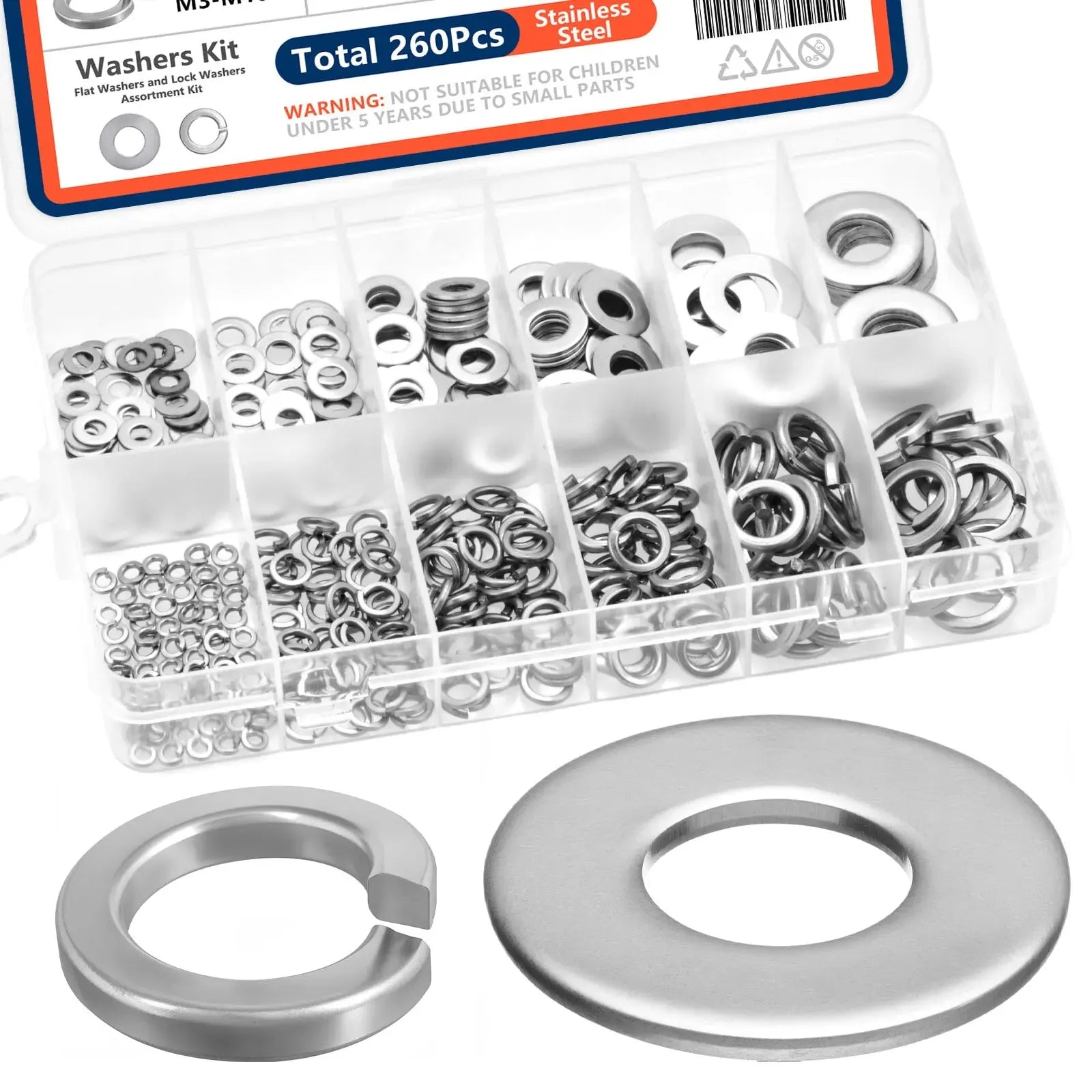 260pcs Lock and Flat Washer Assortment Kit Stainless Steel M3 M4 M5 M6 M8 M10 Spring Lock Washers and Flat Washers Set - ToolFlx