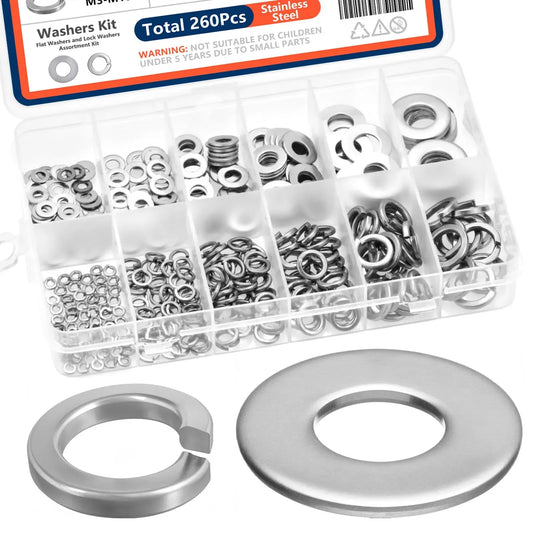 260pcs Lock and Flat Washer Assortment Kit Stainless Steel M3 M4 M5 M6 M8 M10 Spring Lock Washers and Flat Washers Set - ToolFlx