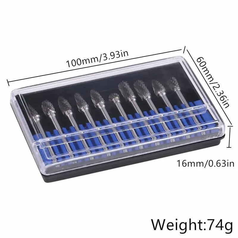 10pcs Carbide Burr Set, Hard Alloy Tungsten Steel Double Cut Rotary File Milling Cutter Head, Woodworking Grinding Carvin