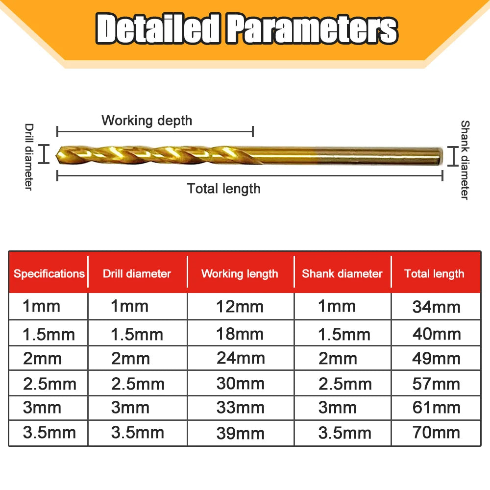 50pcs High Speed Steel Ti-plated Twist Bit Titanium Coated Drill Bits Tool High Quality Power Tools 1mm 1.5mm 2mm 2.5mm 3mm