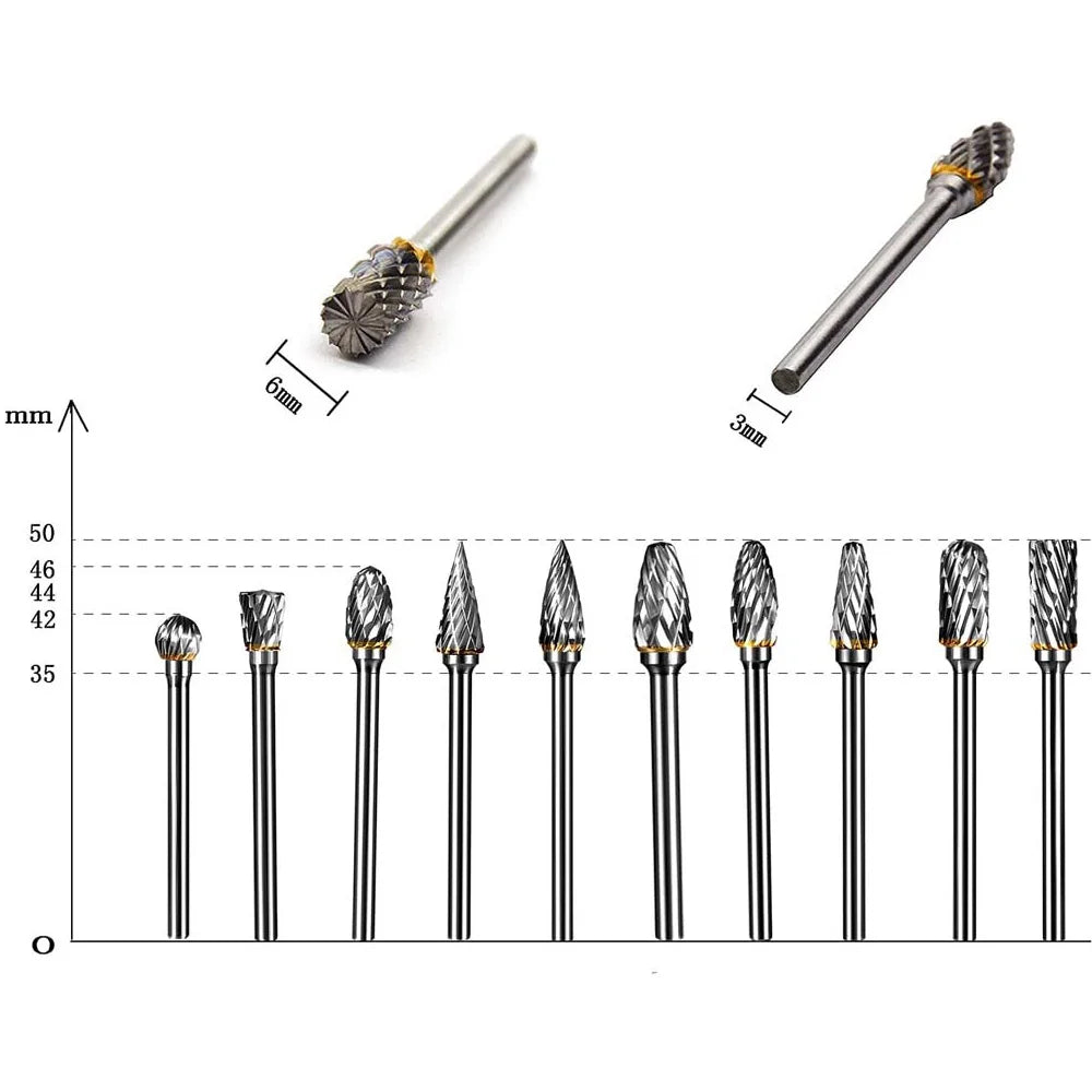 New 10 pcs 1/8" Shank Tungsten Carbide Milling Cutter Rotary Tool Burr Double Diamond Cut Rotary Dremel Tools Electric Grinding