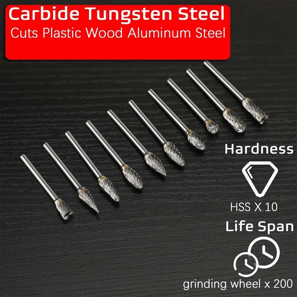 10 pcs 1/8" Shank Tungsten Carbide Milling Cutter Rotary Tool Burr Double Diamond Cut Rotary Dremel Tools Electric Grinding