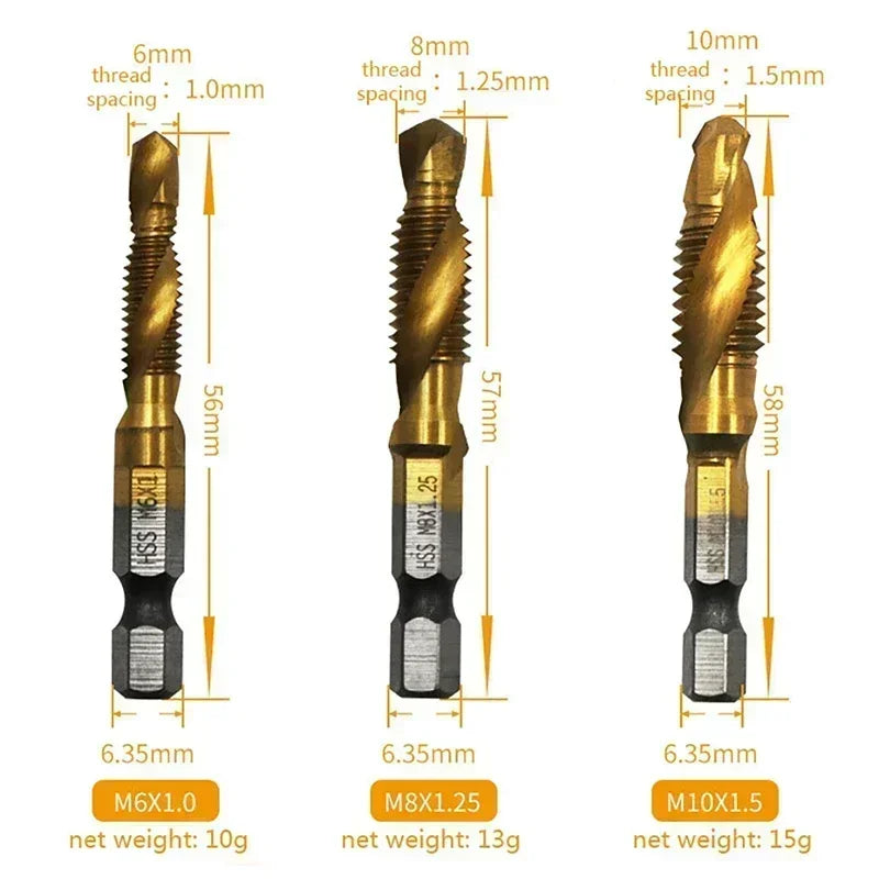 New Titanium Plated Hex Shank HSS Screw Thread Metric Tap Drill Bits Screw Machine Compound M3 M4 M5 M6 M8 M10 Hand Tools