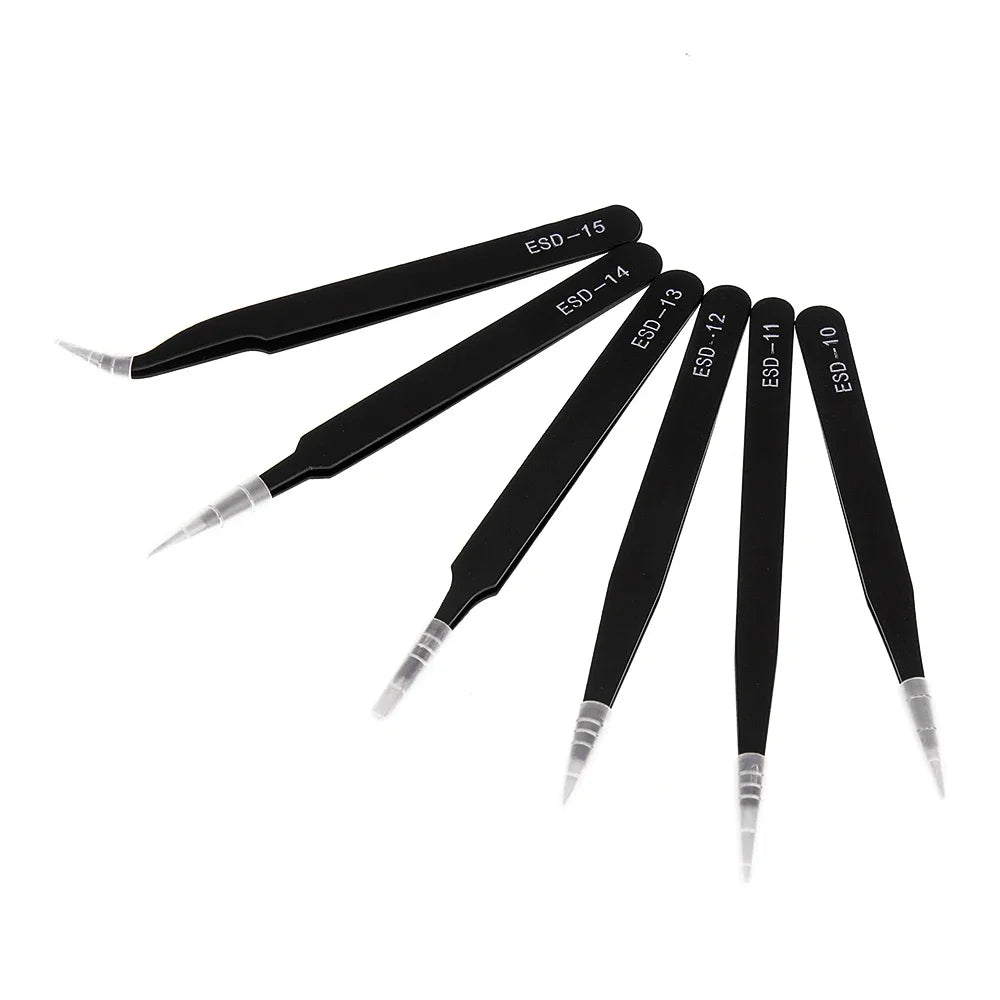 6pcs Precision Tweezers Set ESD Anti-Static Stainless Steel Tweezers Repair Tools for Electronics Repair Soldering Craft Tools