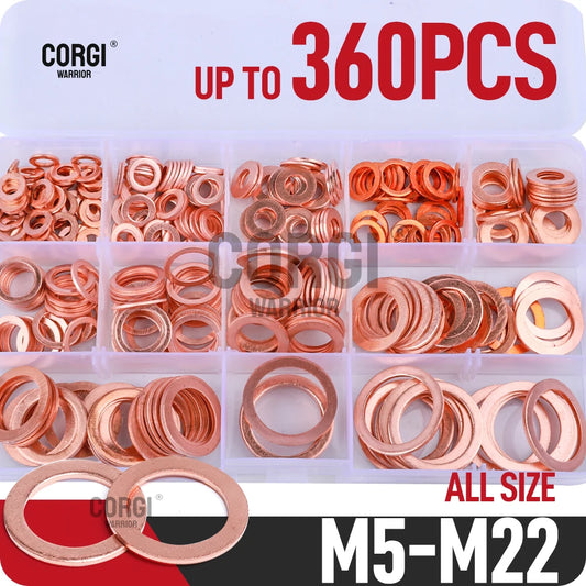 Metric Copper Crush Washers Assortment Kit 80-360 Pcs All Sizes M5 M6 M8 M10 M12 M14 M16 M18 M20 M22 Flat Ring Sealing Washer