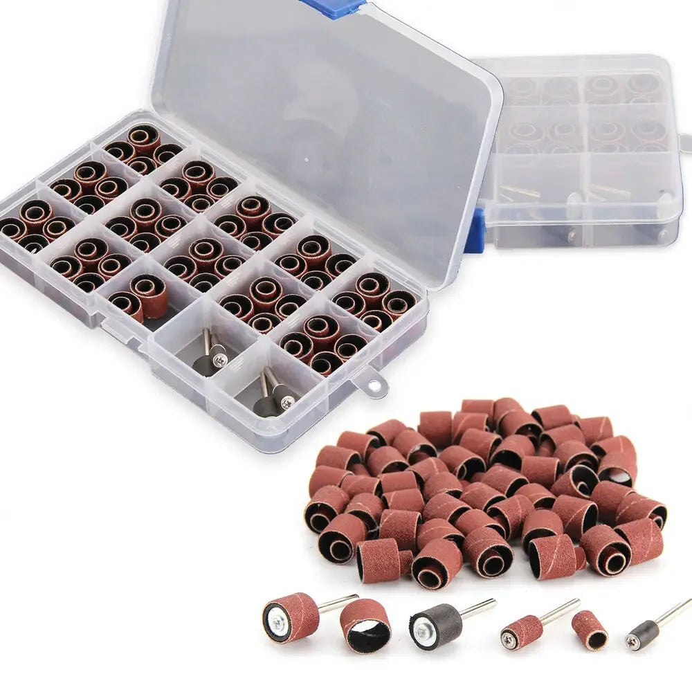 104PCS Box Sanding Bands Drum Abrasive Tools for Woodworking Sleeve Grit Mandrel Dremel Rotary Nail Polish Removal Accessories