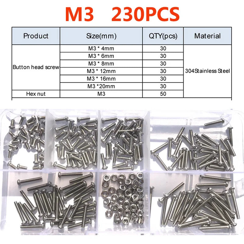 120-434Pcs 304 Stainless Steel Hex Button Socket Head Cap Screw Hexagon Thread Machine Metric Nut Bolt Assortment Kit Set M2~M6