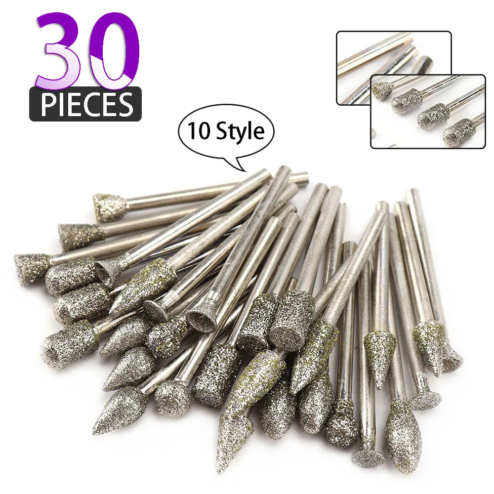 SI FANG 30pcs diamond grinding head wheel dremel rotary tool burs set accessories drill burr bits variety of shapes