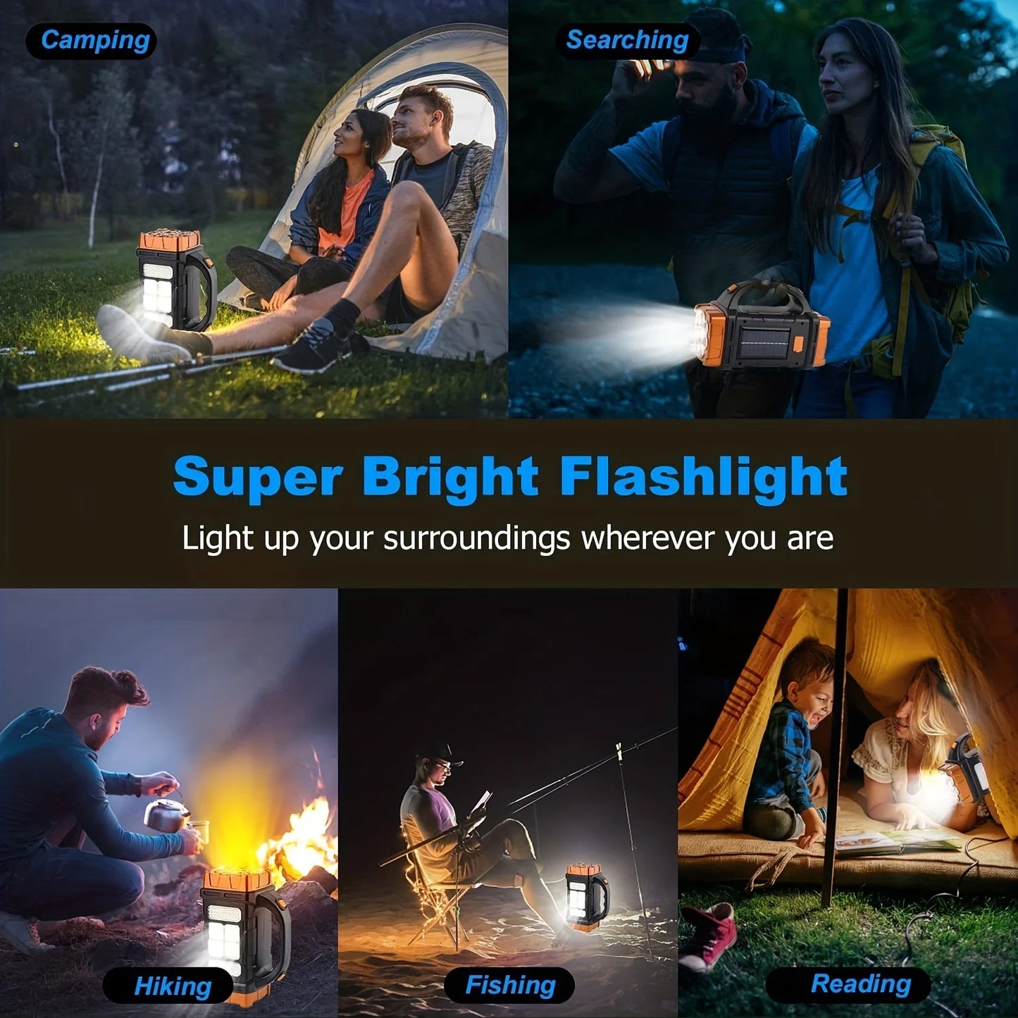 Lampe de poche puissante rechargeable par USB, lampe LED étanche avec lampe de travail COB, charge à 4 vitesses, lampe solaire de camping pour téléphone portable 