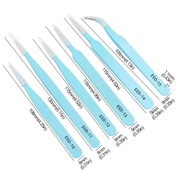 6PCs ESD Anti-Static Stainless Steel Tweezers Precision Maintenance Industrial Repair Curved Tool Home Working Model Making Hand