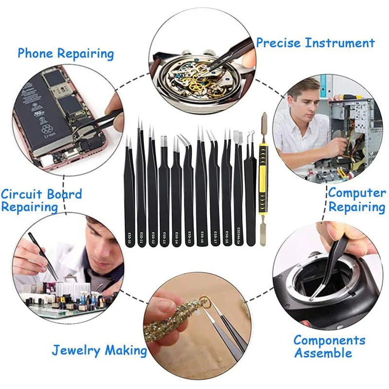 Stainless Steel Precision Antistatic Electrostatic Tweezers Set Maintenance Tools Professional Electronic Tweezers 10pcs