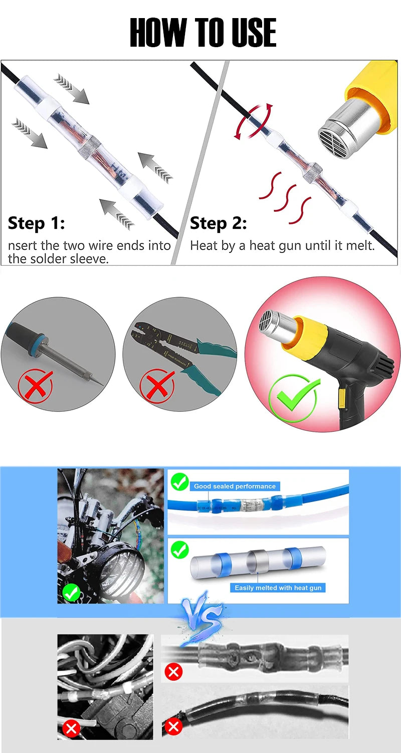 Heat Shrink Connectors Sleeve Tube Terminals Electrical Butt Splice Wire Connector Splice Solder Insulated Electrical Cable