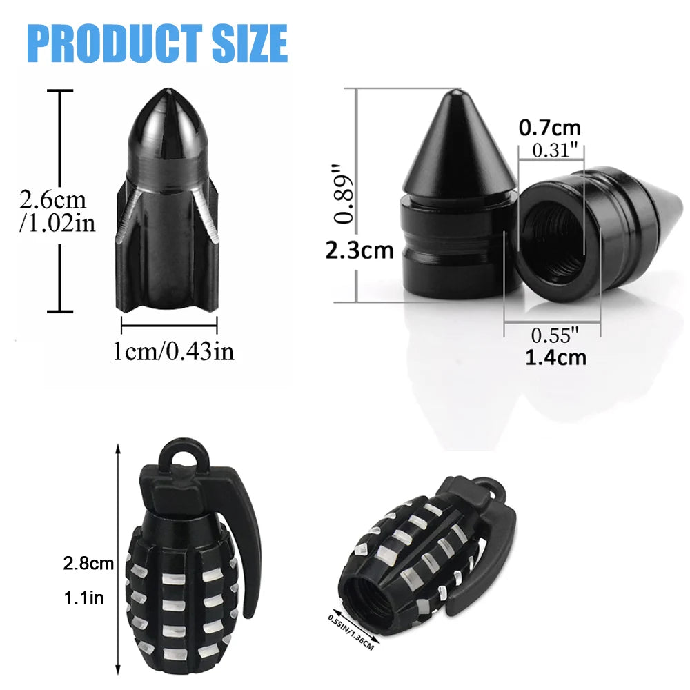 4pcs Car Tire Valve Cap Grenade Aluminum Tyre Valve Stem Cover Air Dust Cap Tire Valve Truck Bike Wheel Rim Valve Stem Cap