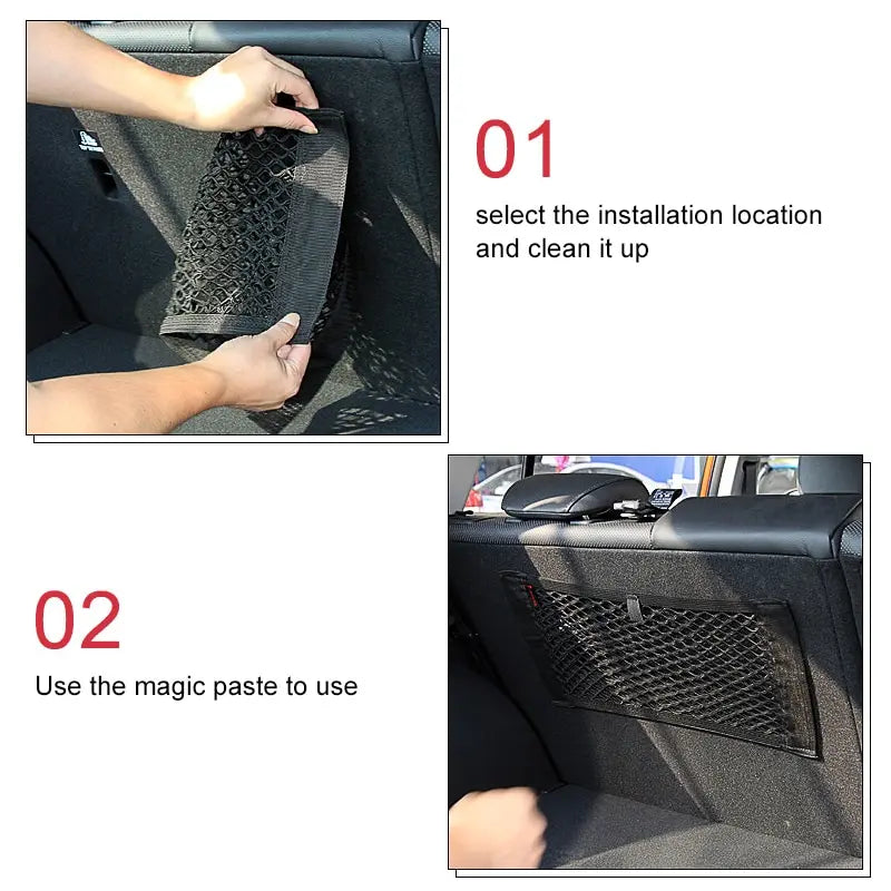 Car Back Rear Mesh Trunk Seat Elastic String Net Magic Sticker Universal Storage Bag Pocket Cage Auto Organizer Seat Back Bag