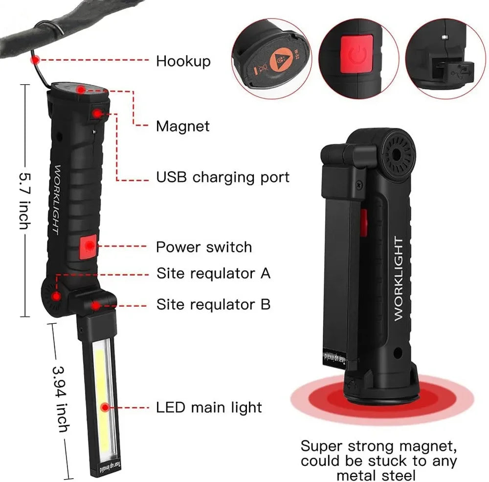 Neue tragbare COB-LED-Taschenlampe, wiederaufladbar über USB, Arbeitslicht, magnetische Lanterna, Hängelampe mit eingebautem Akku, Camping-Taschenlampe 