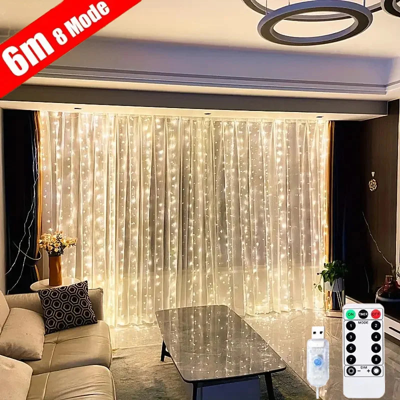 Guirlande lumineuse USB pour vacances, mariage, chambre à coucher, 3/4/6 m, télécommande, rideau, décoration de Noël à LED 