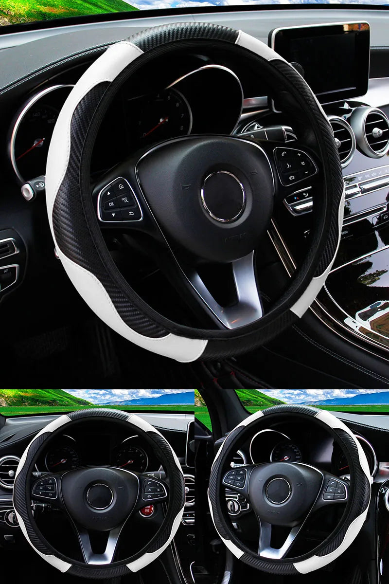 Car Steering Wheel Cover Breathable Anti Slip PU Leather Steering Covers Suitable 37-38.5cm Auto Decoration Carbon Fiber