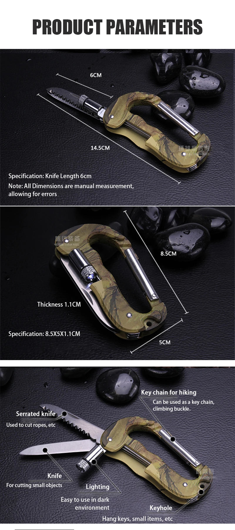 Outdoor Edc Multi Tool Tactical Camo Camping Climbing Carabiner Parachuting Hook Knife Led Mountaineering Buckle